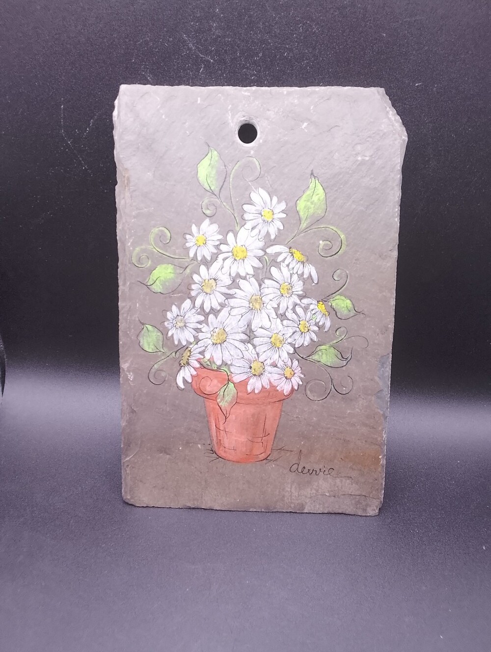 Signed 5 X7 Floral Painted Slate Stone Art Plaque Wall Hanging Vintage